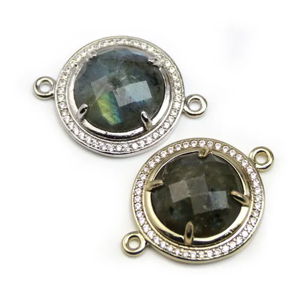 Intercalaire en labradorite sertie en métal & zirconium, de forme ronde, 22mm x 1pc