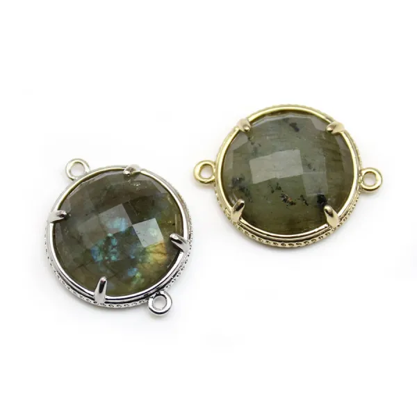 Intercalaire en labradorite sertie en métal, de forme ronde, 18mm x 1pc