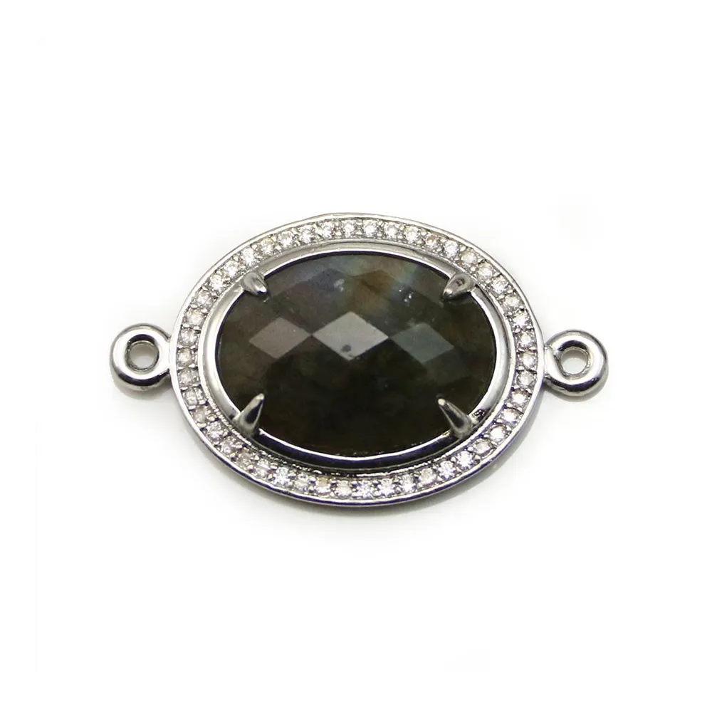 Labradorite spacer set with metal & zirconium, in oval shape, 20x25mm x 1pc