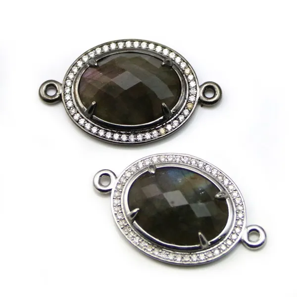 Intercalaire en labradorite sertie métal & zirconium, de forme ovale, 20x25mm x 1pc