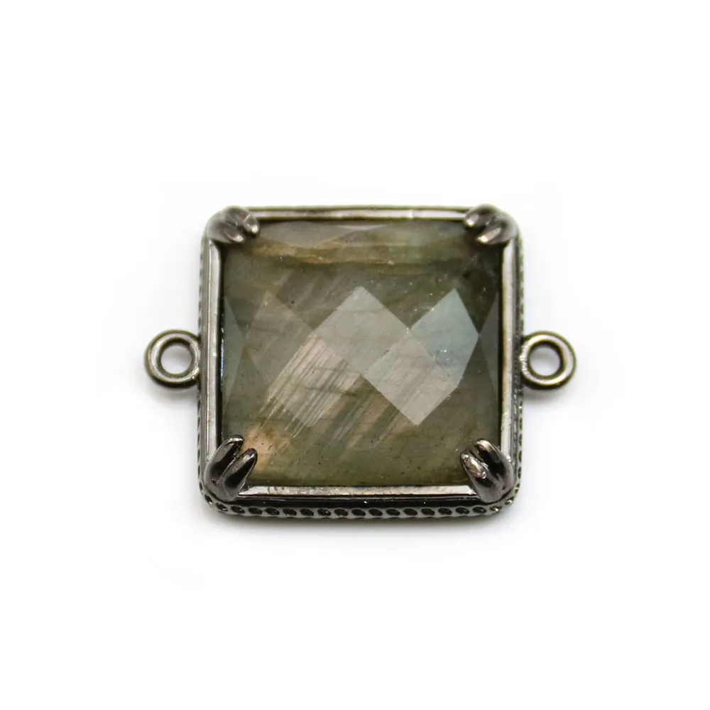 Intercalaire en labradorite sertie en métal, de forme carré, 21mm x 1pc
