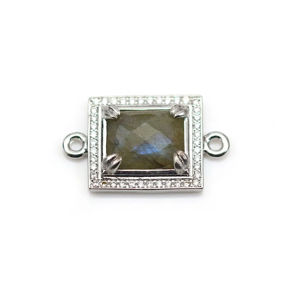Labradorite spacer set in metal & zirconium, rectangular shape, 16x18mm x 1pc