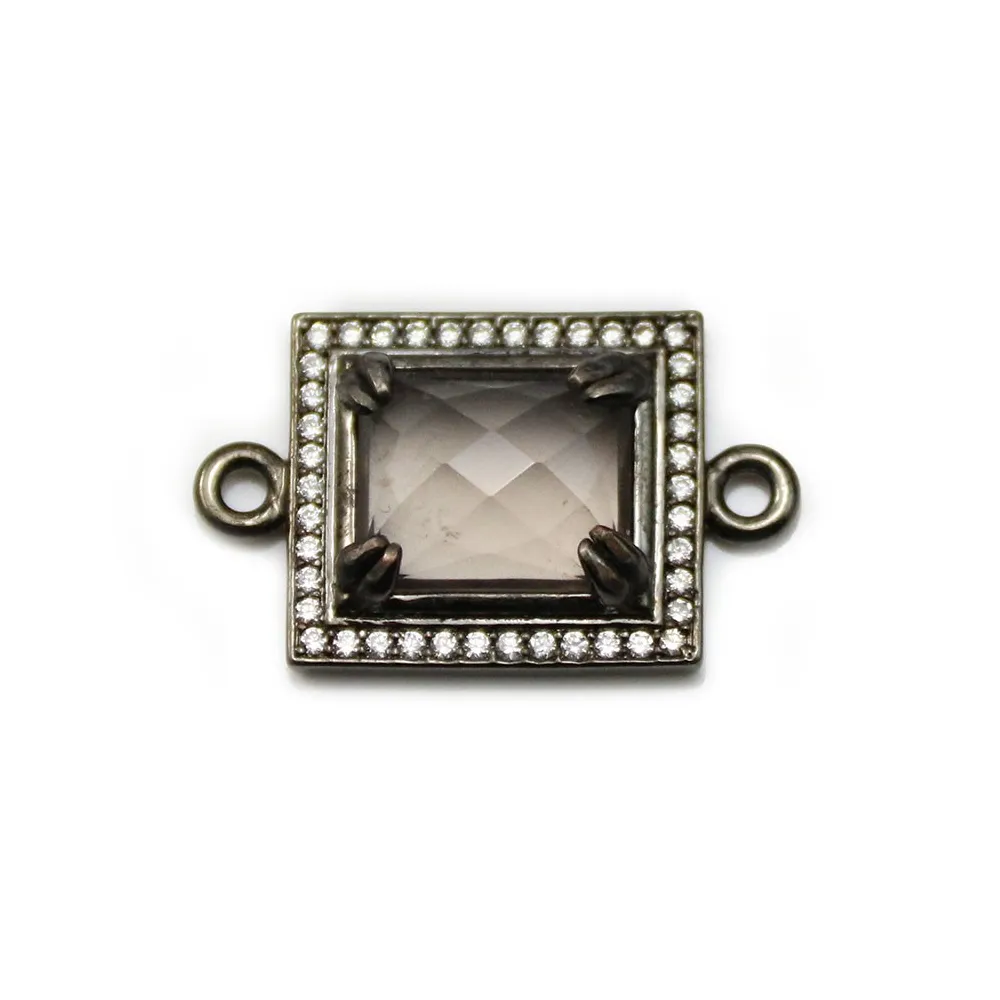 Intercalaire quartz fumé, sertie métal & zirconium, forme rectangulaire, 16x18mm x 1pc