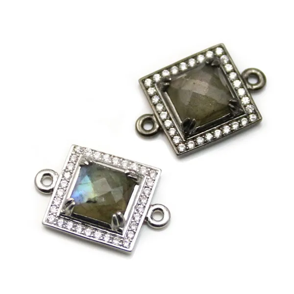 Labradorite spacer set in metal & zirconium, in shaped of squared, 25mm x 1pc