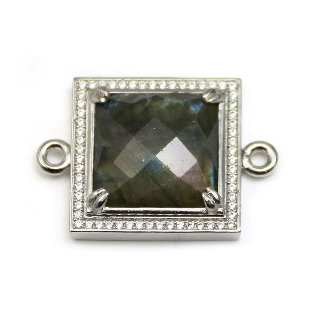 Intercalaire en labradorite sertie en métal & zirconium, de forme carré, 25mm x 1pc
