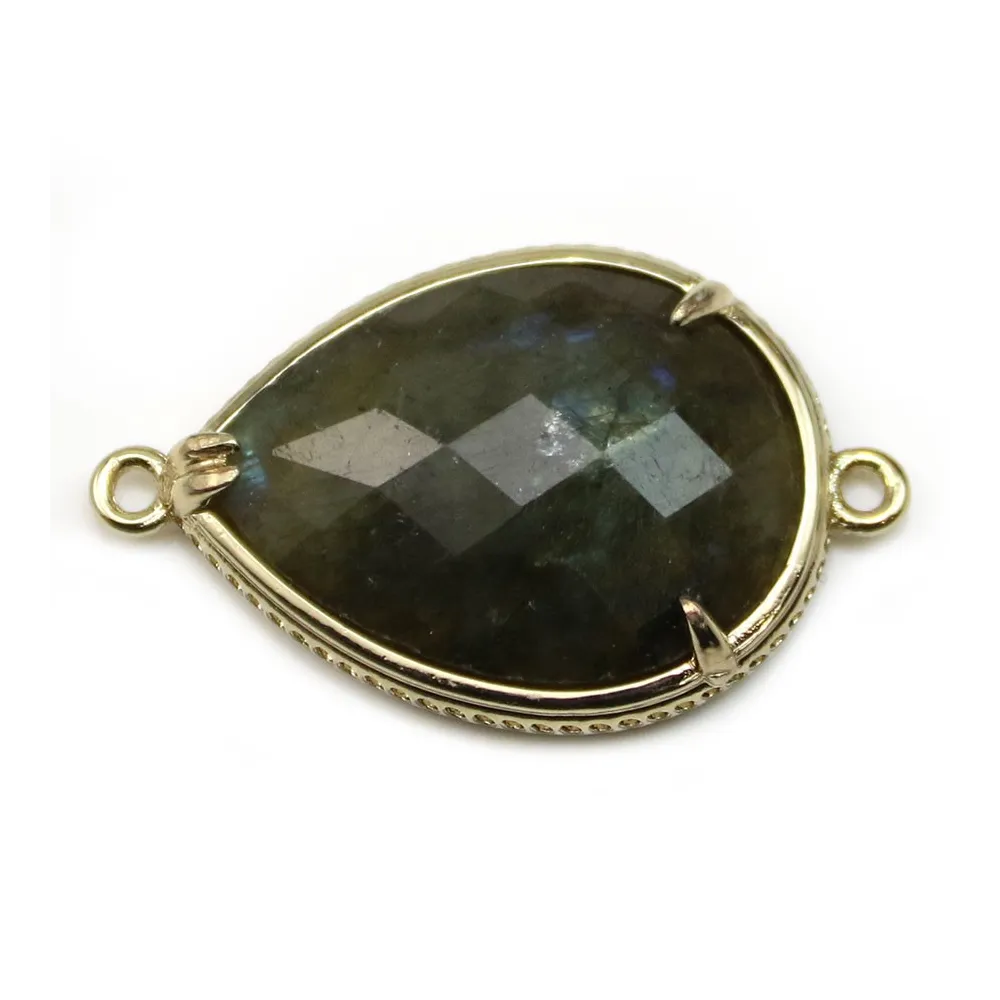 Intercalaire en labradorite sertie en métal, forme de goutte, 20x27mm x 1pc