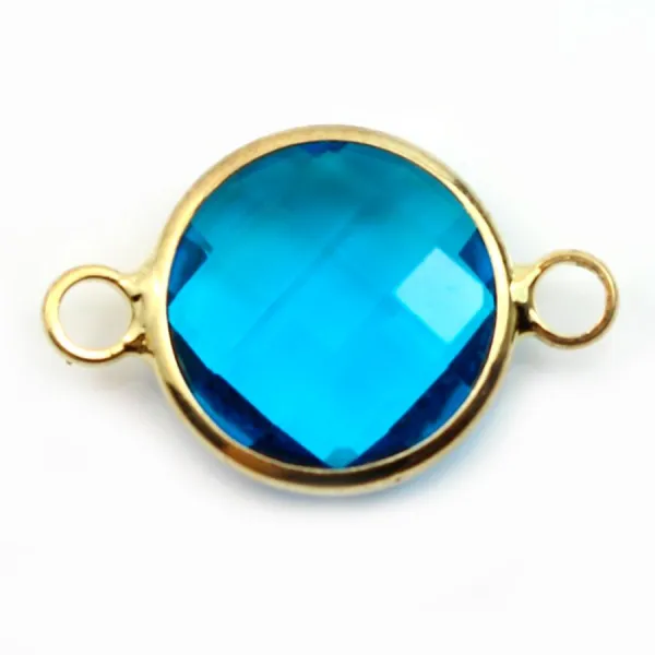 Verre coloré facetté rond serti sur métal doré 12.5mm x 1pc