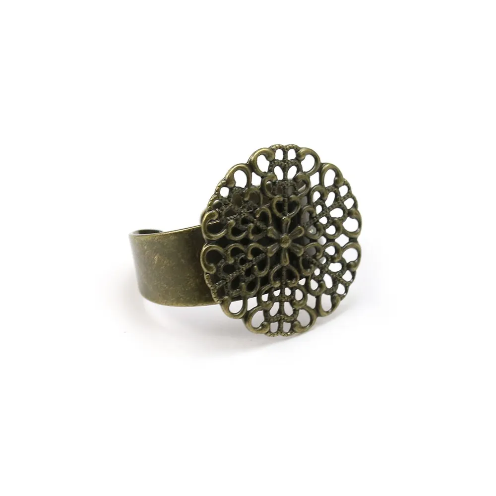Adjustable ring, support flower print, bronze color, 19mm x 1pc