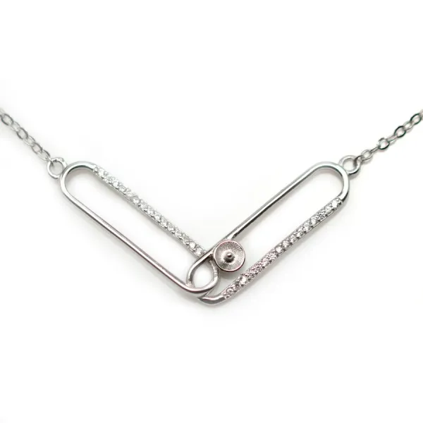 Chaîne en argent 925 rhodié  maille ovale & zirconium pour perle semi percé x 45cm