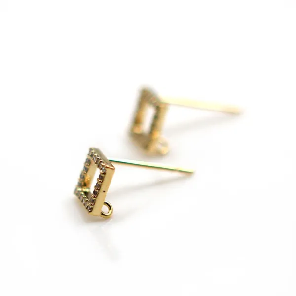 Clous d'oreille losange & zirconium plaqué par "flash" or sur laiton 8.5mm x 2pcs