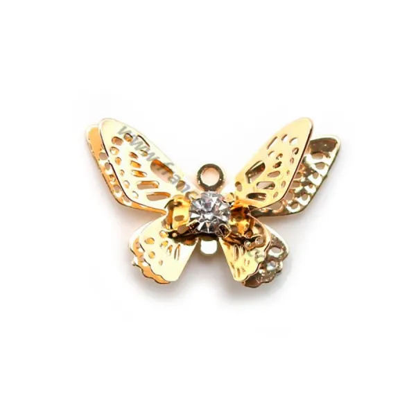 Breloque papillon avec zirconium plaqué par "flash" or sur laiton 12x20mm x 4pcs
