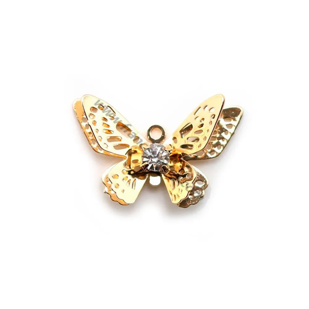 Breloque papillon avec zirconium plaqué par "flash" or sur laiton 12x20mm x 4pcs