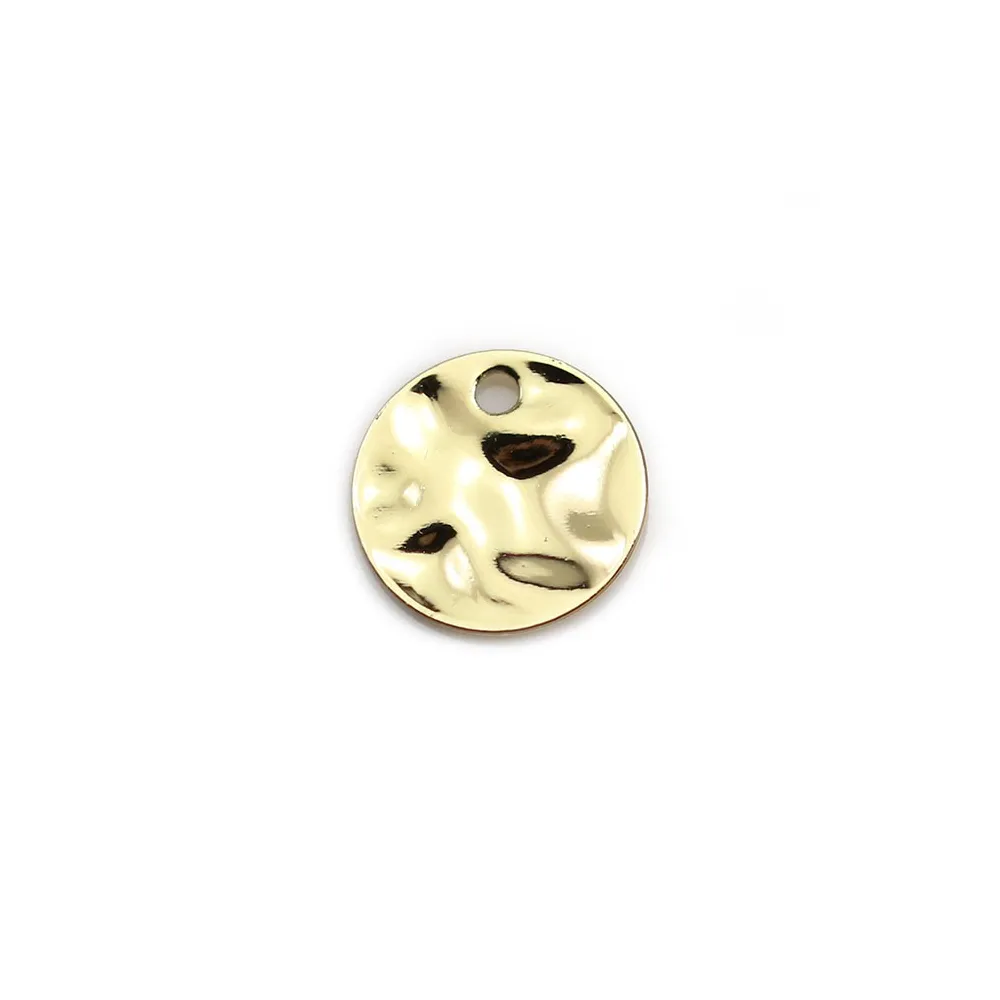 Breloque ronde plat martelé plaquée par flash or sur laiton, 10mm x 12pcs