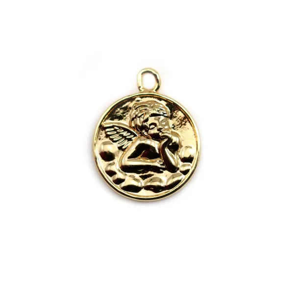 Pendentif médaille avec un ange, plaqué par "flash" or sur laiton 17mm x 2pcs