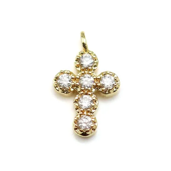 Croix avec zirconium plaquée or blanc sur laiton 6x10mm x 2pcs
