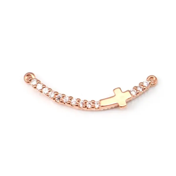 Intercalaire croix avec oxydes de zirconium, doré rose sur laiton 4x22mm x 1pc
