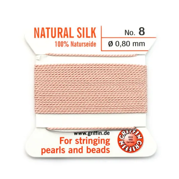 Silk bead cord 0.8mm with needle attached pale pink x 2m