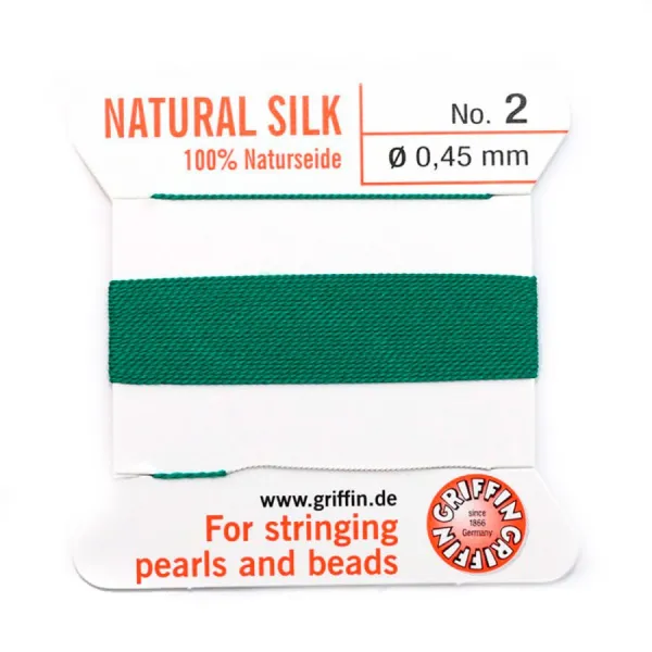 Silk bead cord 0.45mm with needle attached green x 2m