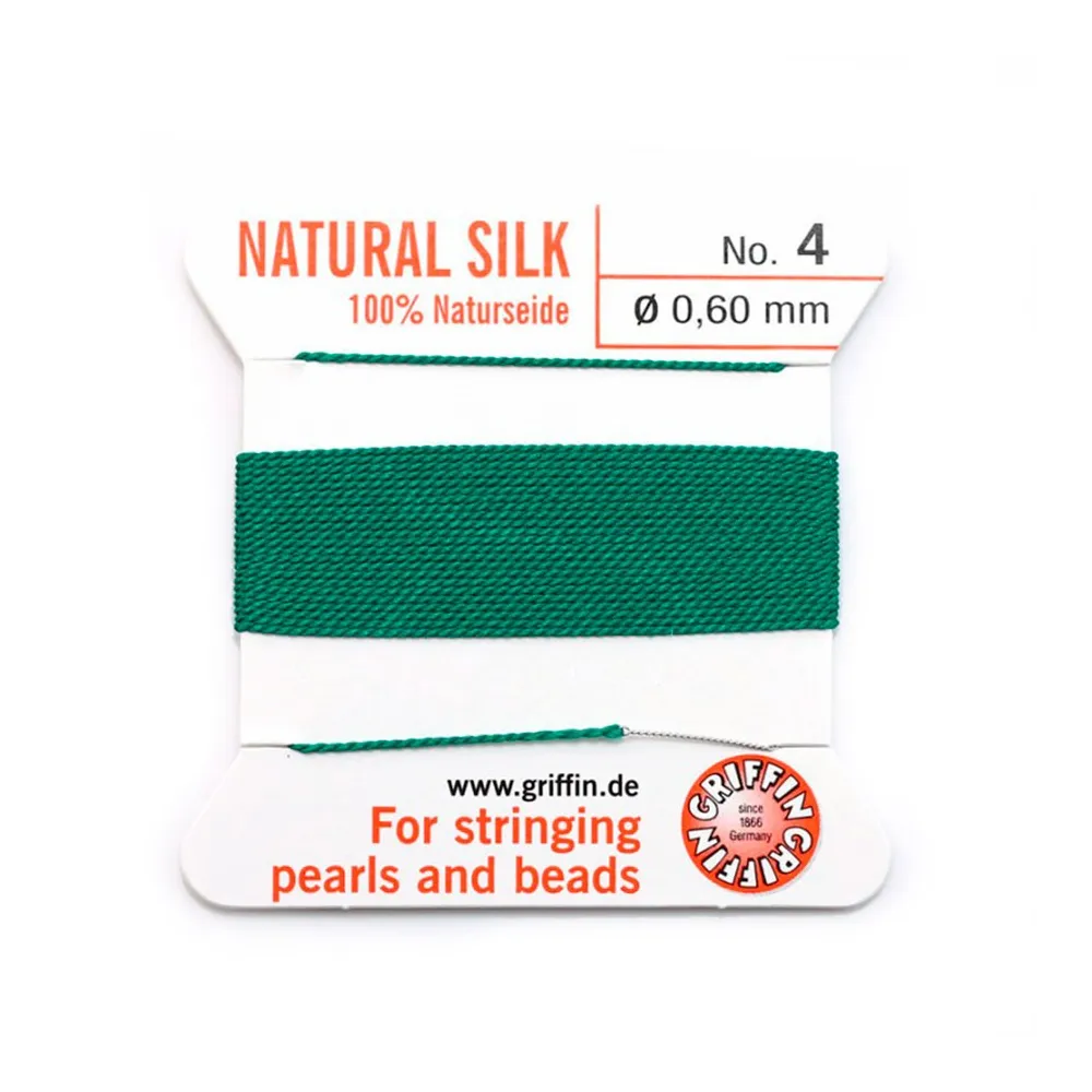 Silk bead cord 0.6mm with needle attached green x 2m