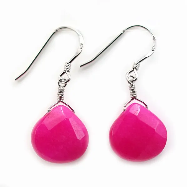 Boucles d'oreilles :  jade teinté fuchsia goutte plate & argent 925 rhodié 13.5x18.5mm x 2 st