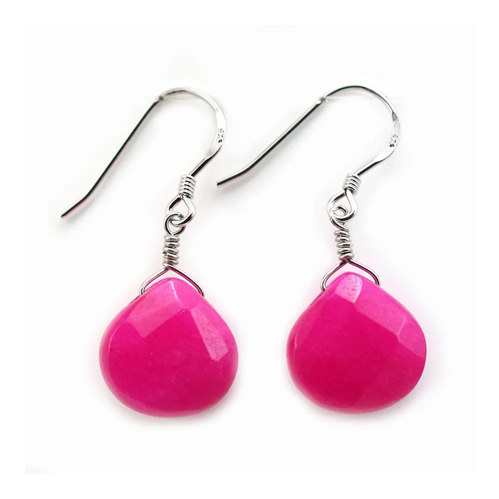 Boucles d'oreilles :  jade teinté fuchsia goutte plate & argent 925 rhodié 13.5x18.5mm x 2pcs