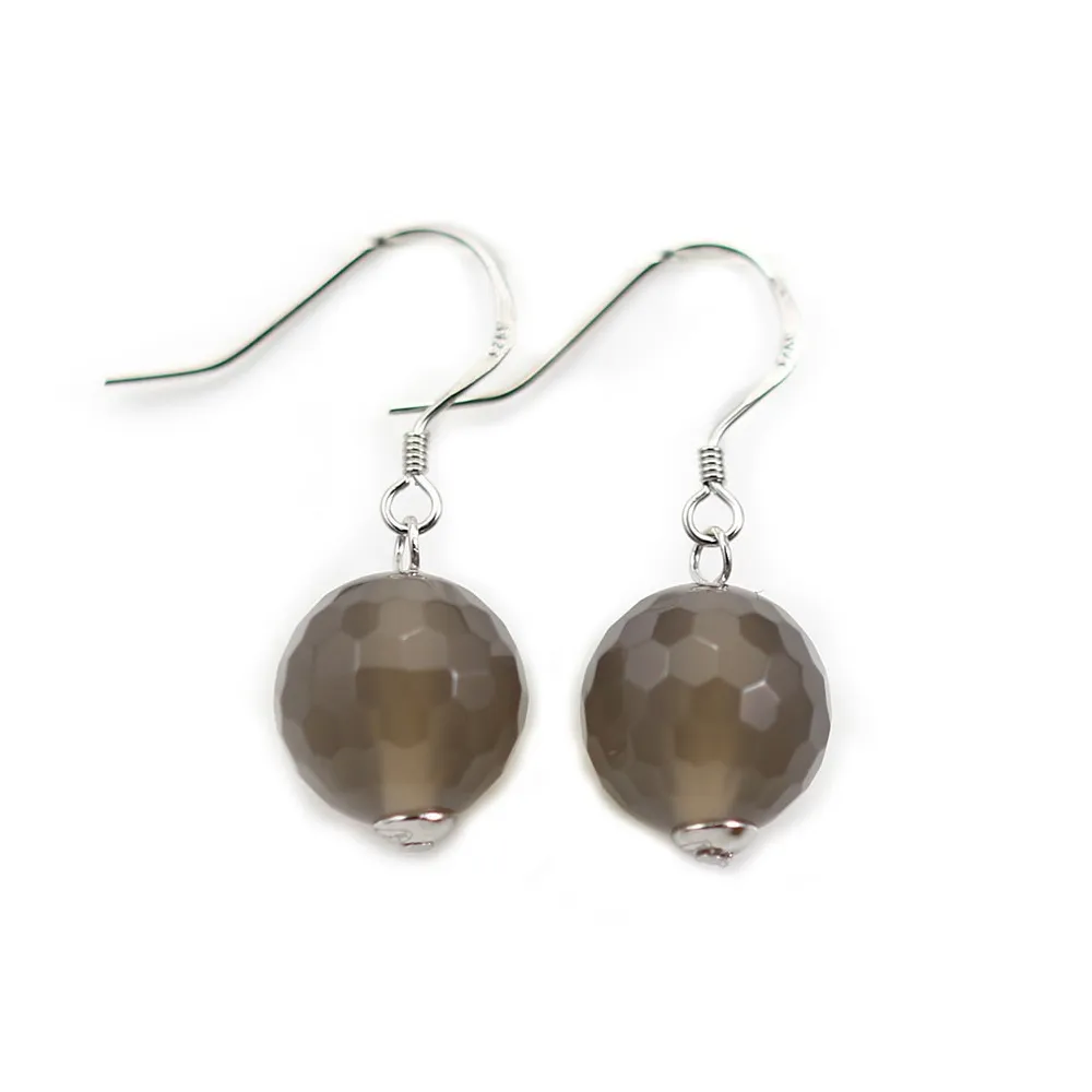 Boucles d’oreilles en argent 925 et agate grise, ronde facetté, 12mm x 2pcs