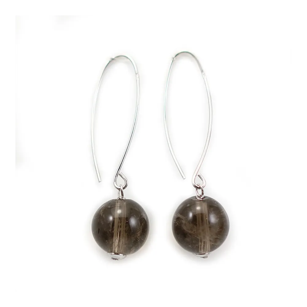 Boucles d'oreilles en argent 925 & quartz fumé de forme ronde, 12mm x 2pcs