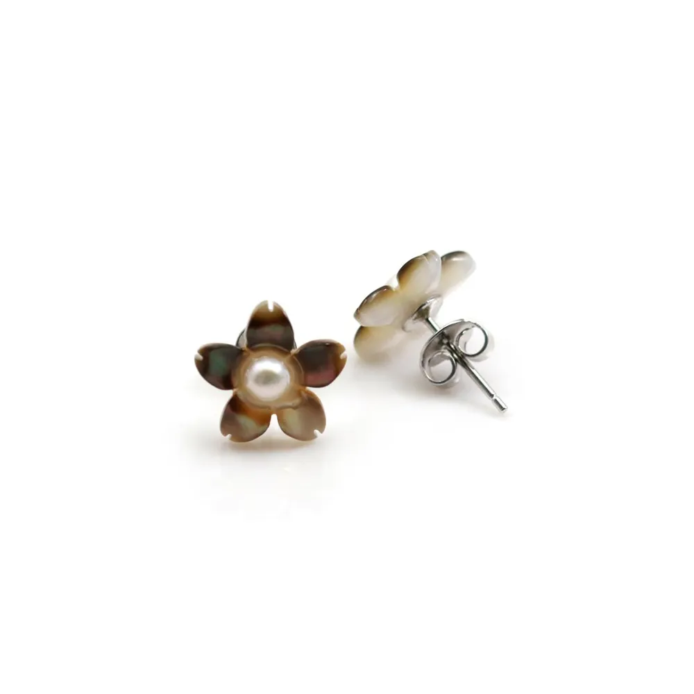 Boucle d'oreille argent 925 nacre grise en fleur 12mm x 2pcs