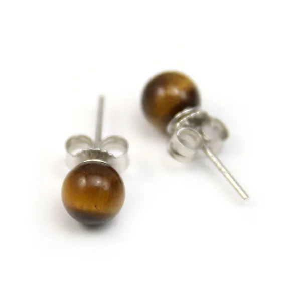 Boucle d'oreille en argent 925 & perles d'oeil de tigre de 6mm x 2pcs