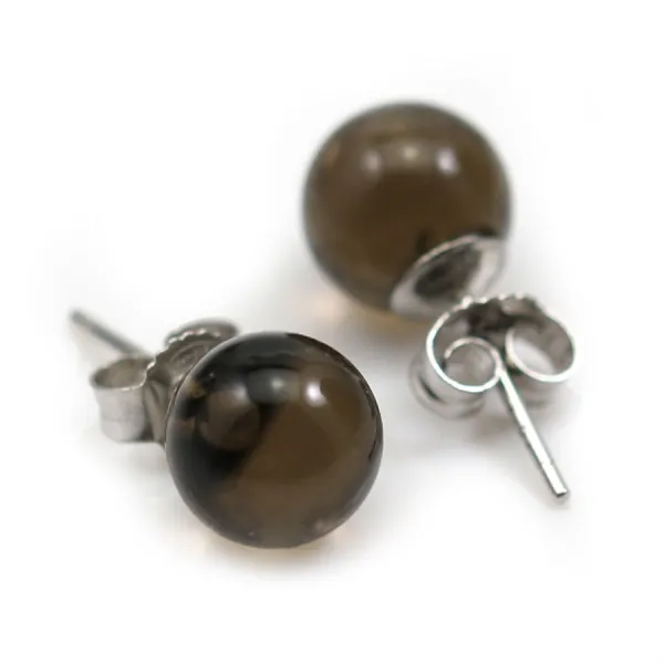 Boucle d'oreille quartz fumé 8mm, en argent 925 x 2pcs