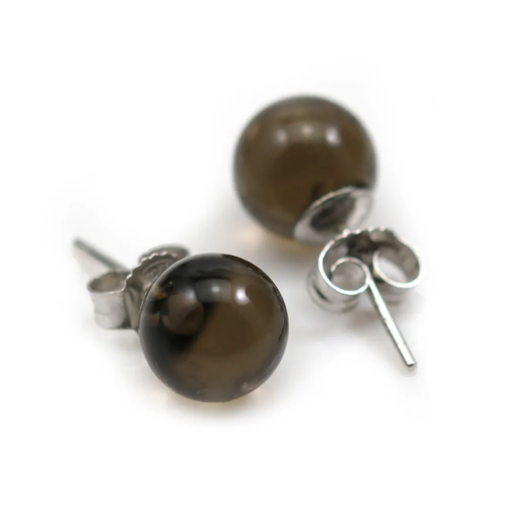 Boucle d'oreille quartz fumé 8mm, en argent 925 x 2pcs