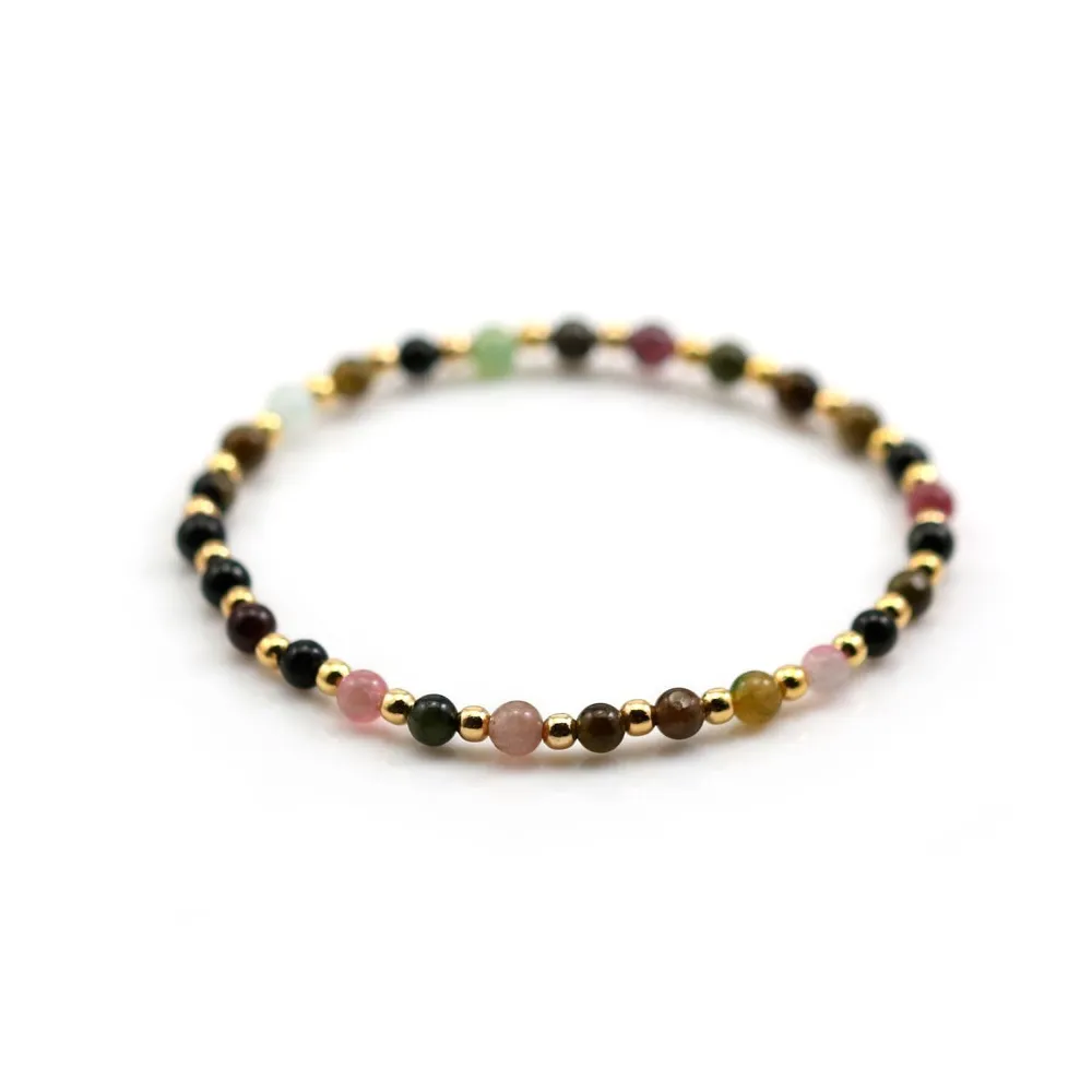 Bracelet tourmaline 4mm, avec perles dorées x 1pc