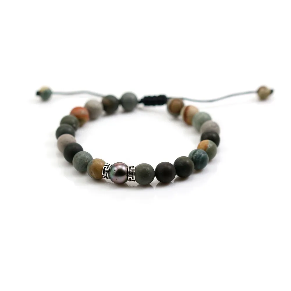 Bracelet en Jaspe polychrome matte & perle de culture de tahiti x 1pc