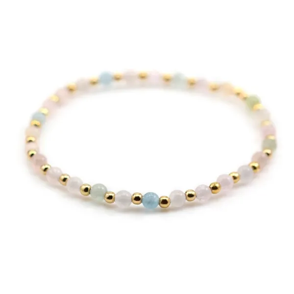 Bracelet aigue marine & morganite 4mm, avec perles dorées x 1pc