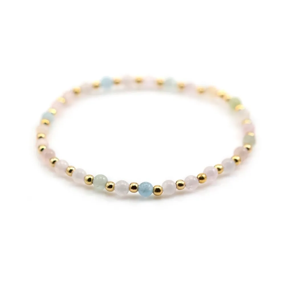 Bracelet aigue marine & morganite 4mm, avec perles dorées x 1pc