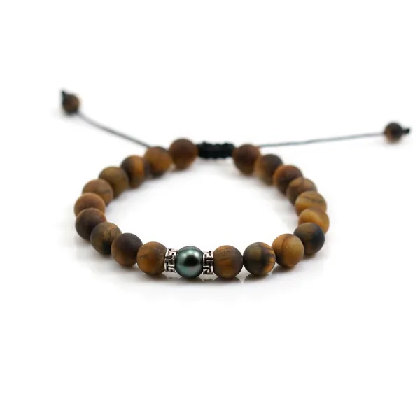 Bracelet Oeil de tigre matte & perle de culture de tahiti x 1pc