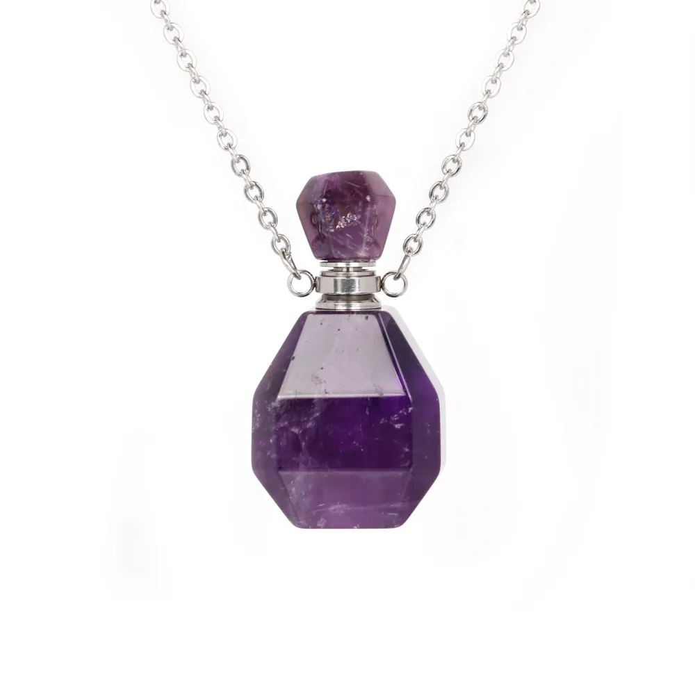 Collier en acier inox argenté avec un flacon de parfum pendentif en Améthyste