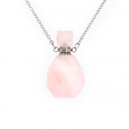 Silver plated stainless steel necklace with a pink quartz perfume bottle pendant