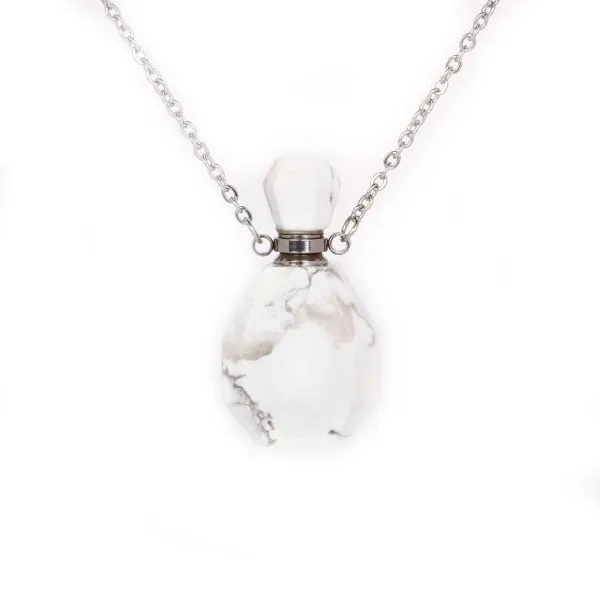 Collier en acier inox argenté avec un flacon de parfum pendentif en Howlite