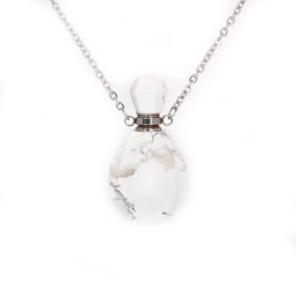 Collier en acier inox argenté avec un flacon de parfum pendentif en Howlite