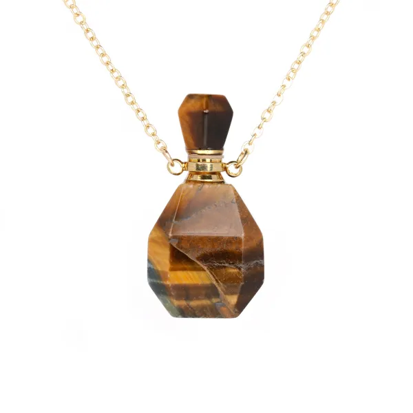 Collier en plaquée par "flash" or sur laiton avec pendentif  flacon de parfum en œil de tigre