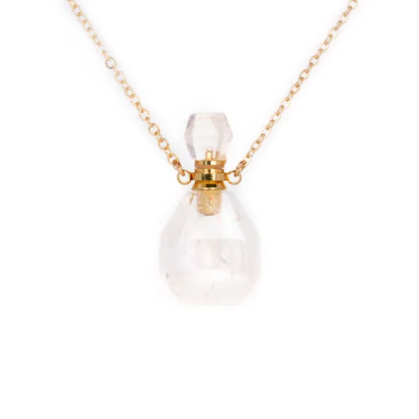 Collier en  plaquée par "flash" or sur laiton avec pendentif flacon de parfum  en Cristal de roche