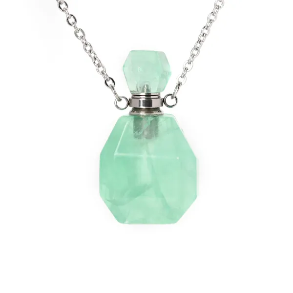 Collier en acier inox argenté avec un flacon de parfum pendentif en Fluorite