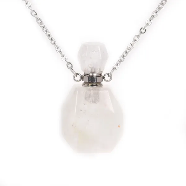 Collier en acier inox argenté avec un flacon de parfum pendentif en Cristal de roche
