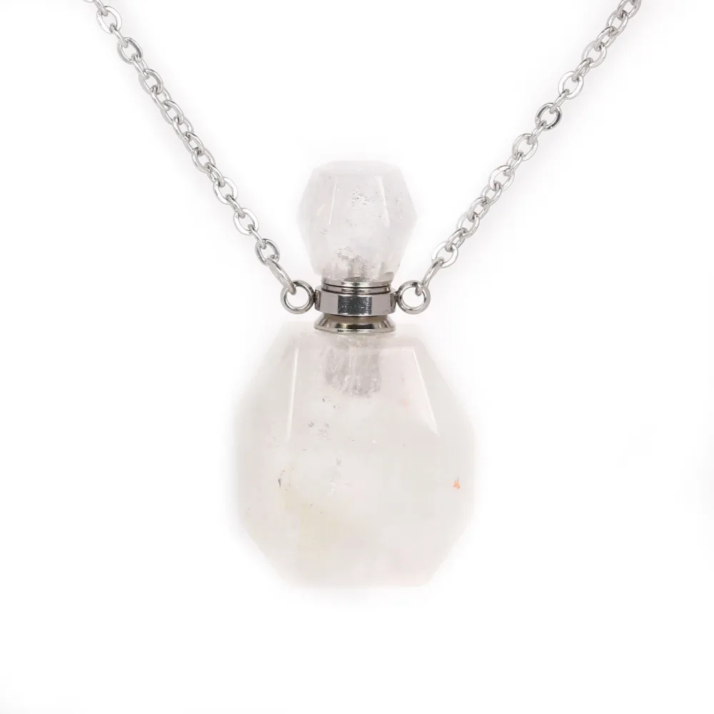 Collier en acier inox argenté avec un flacon de parfum pendentif en Cristal de roche