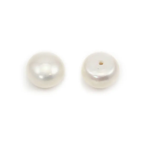 Freshwater cultured pearls, half-perforated, white, button, 9-9.5mm x 2pcs