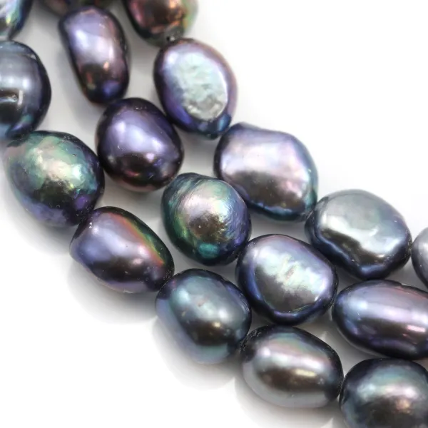 Perle de culture d'eau douce, forme baroque, de couleur bleu foncé, 9-10mm x 37cm