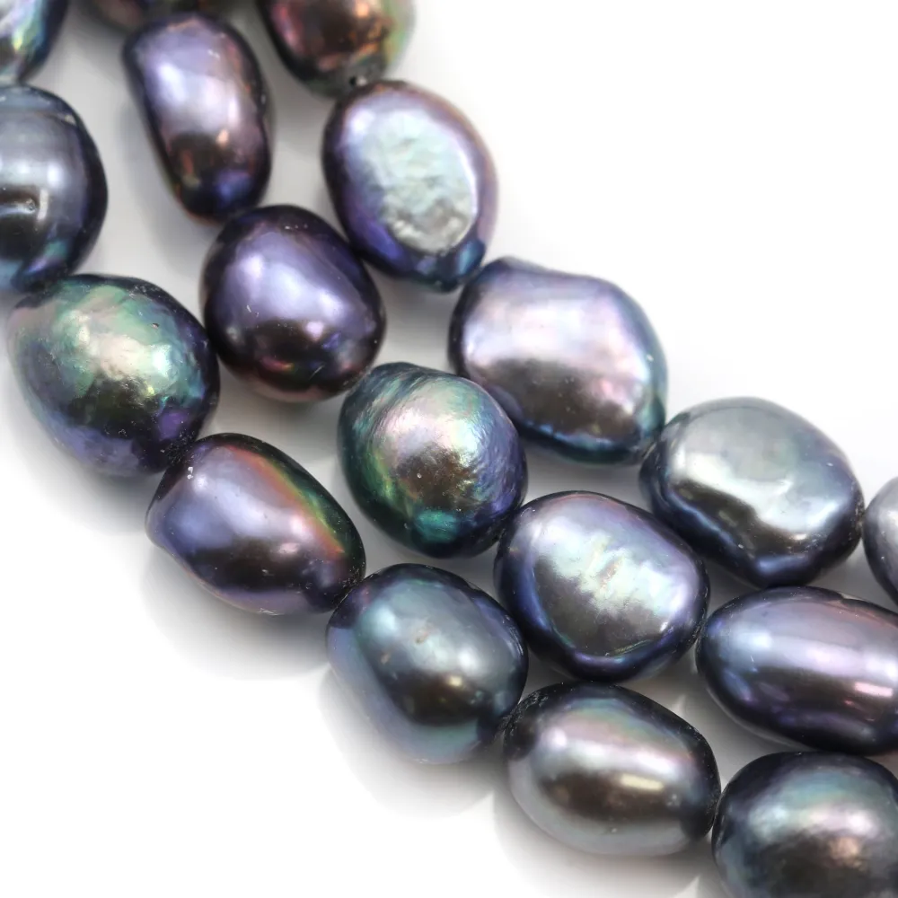 Perle de culture d'eau douce, forme baroque, de couleur bleu foncé, 9-10mm x 37cm
