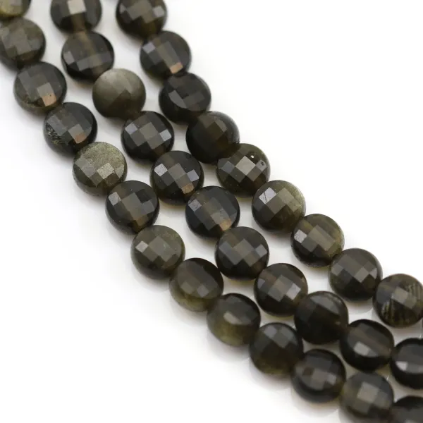 Obsidienne, de forme ronde plate facetté, 4mm x 40cm