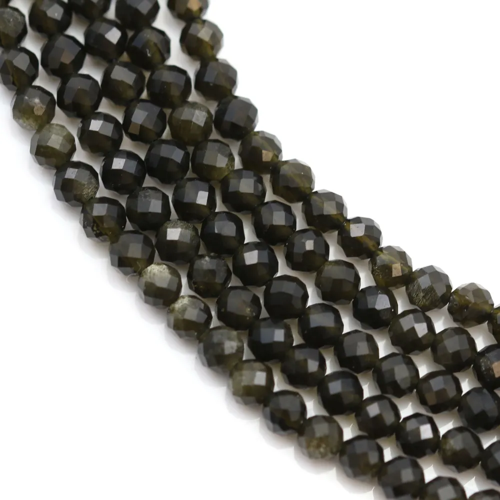 Obsidienne noire, de forme ronde facetté, 3mm x 39cm